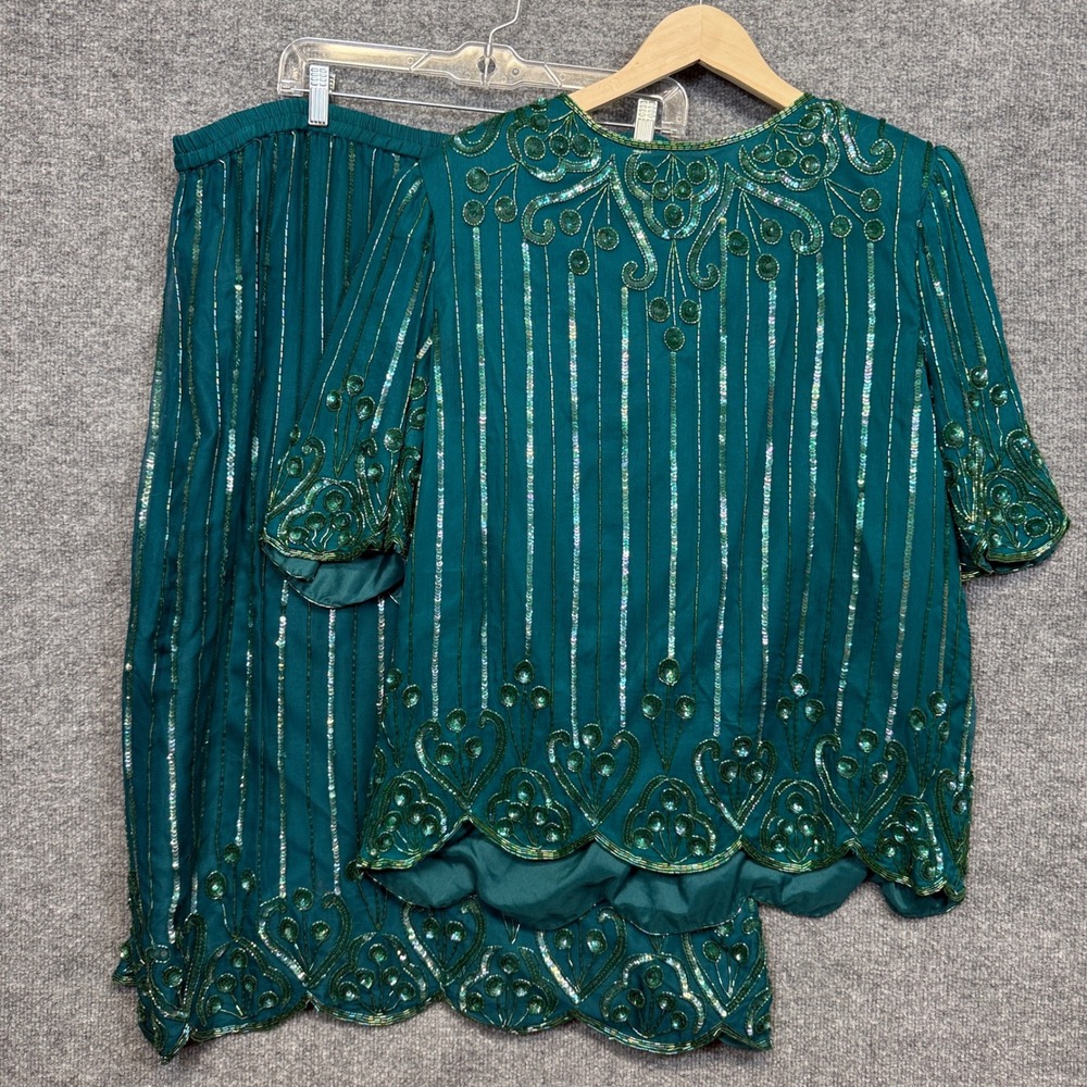 Vtg Laurence Kazar Size 1X Skirt Blouse Set Green Silk Sequined Beaded Art Deco